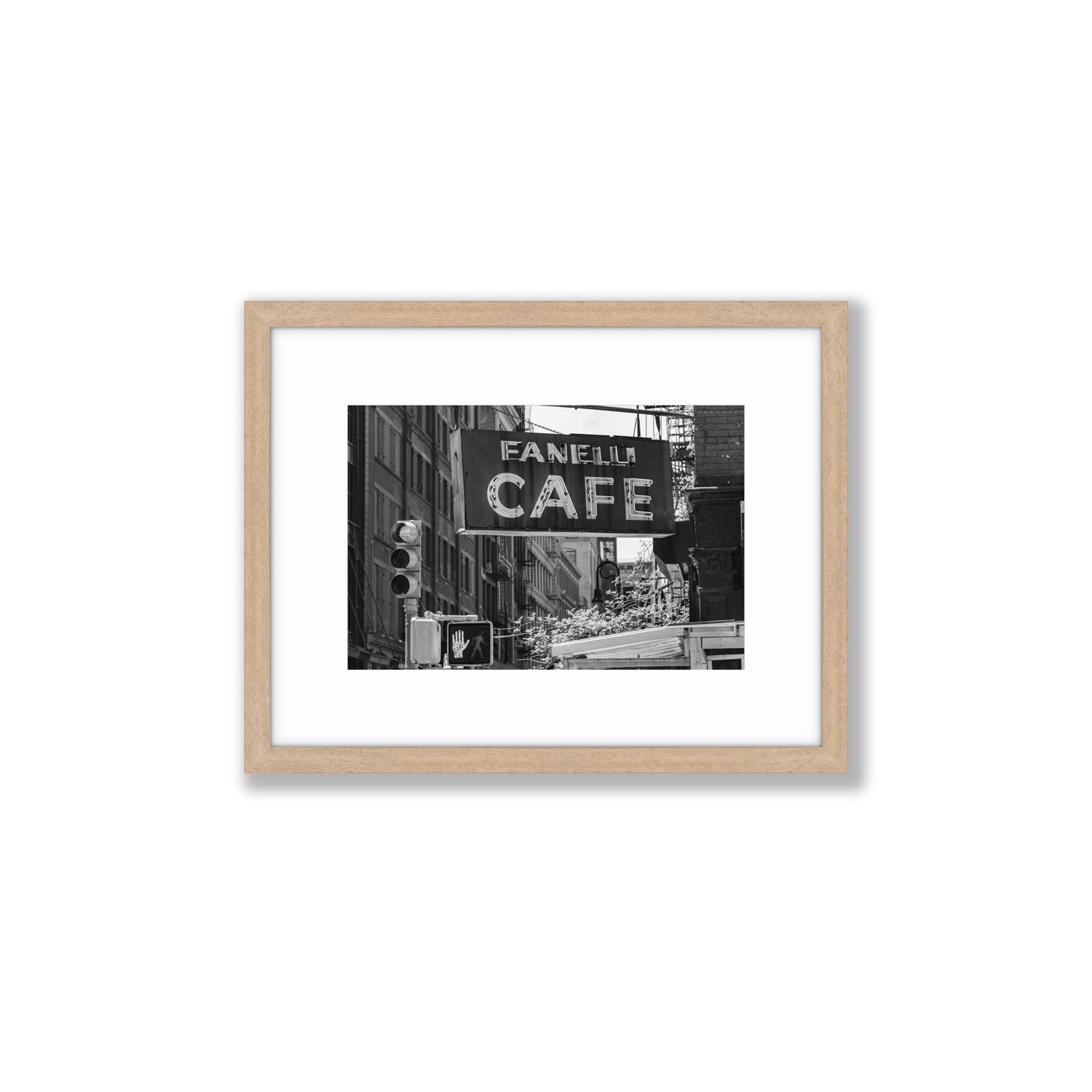 Soho Neon New York NYC Black & White wall art Small fine art print in natural oak frame with matboard