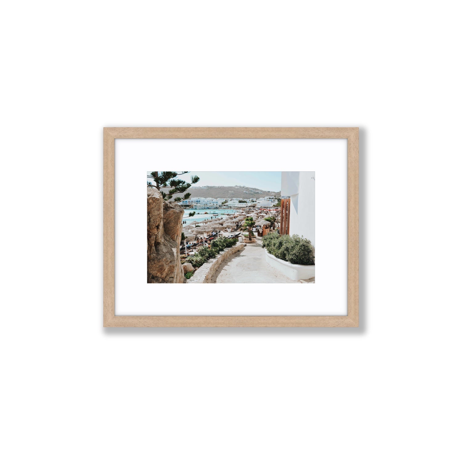 Kalimera Mykonos Greek island wall art Small fine art print in natural oak frame with matboard
