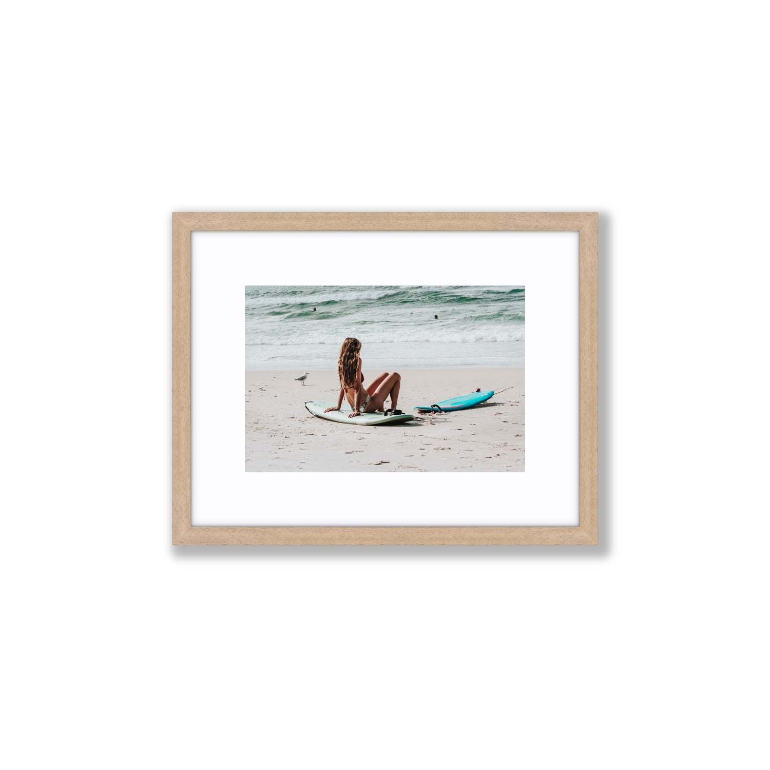 Ciao Bella Byron Bay Surf coastal wall art Small fine art print in natural oak frame with matboard