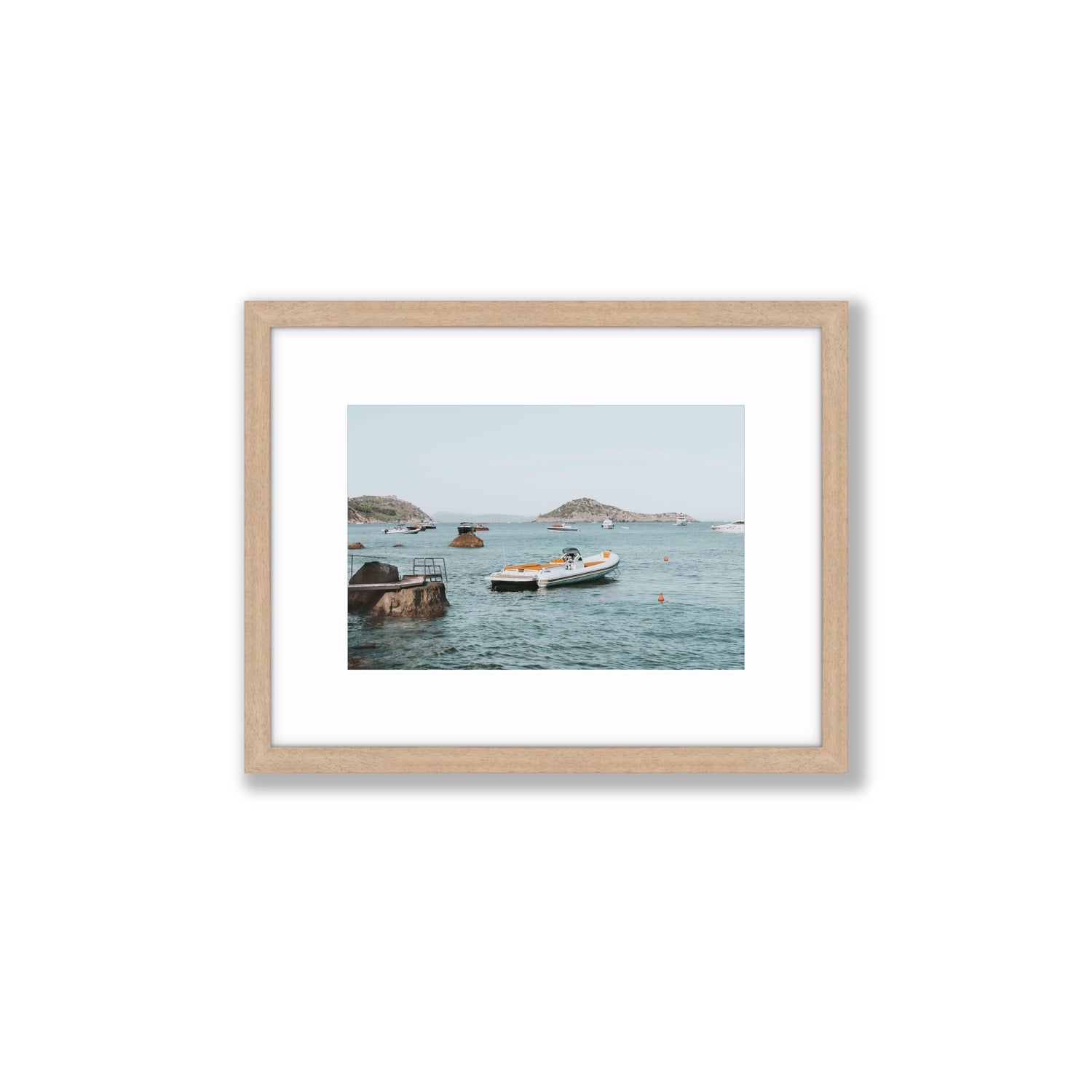 The Azure Sea Tuscany coastal Italian wall art Small fine art print in natural oak frame with matboard