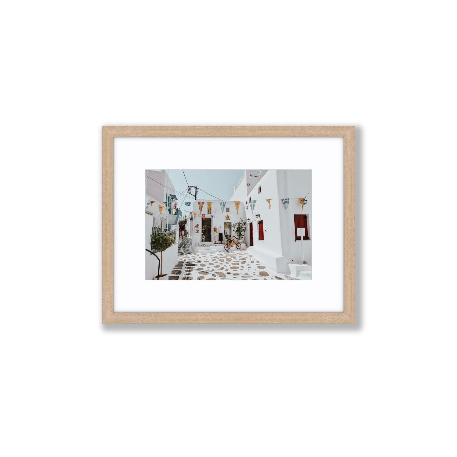 Cruising The Streets Mykonos Greek island wall art Small fine art print in natural oak frame with matboard