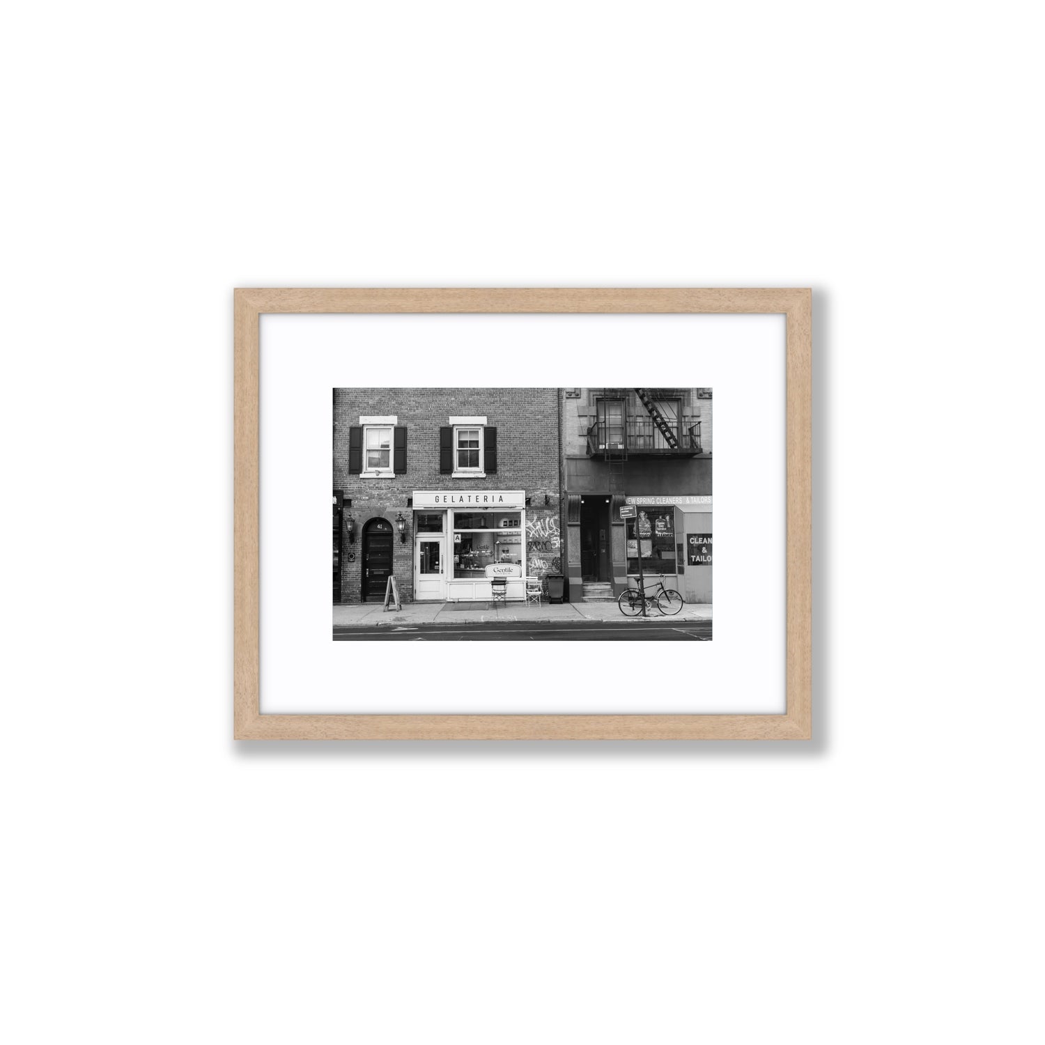West Village Dolcezza New York NYC Black & White wall art Small fine art print in natural oak frame with matboard