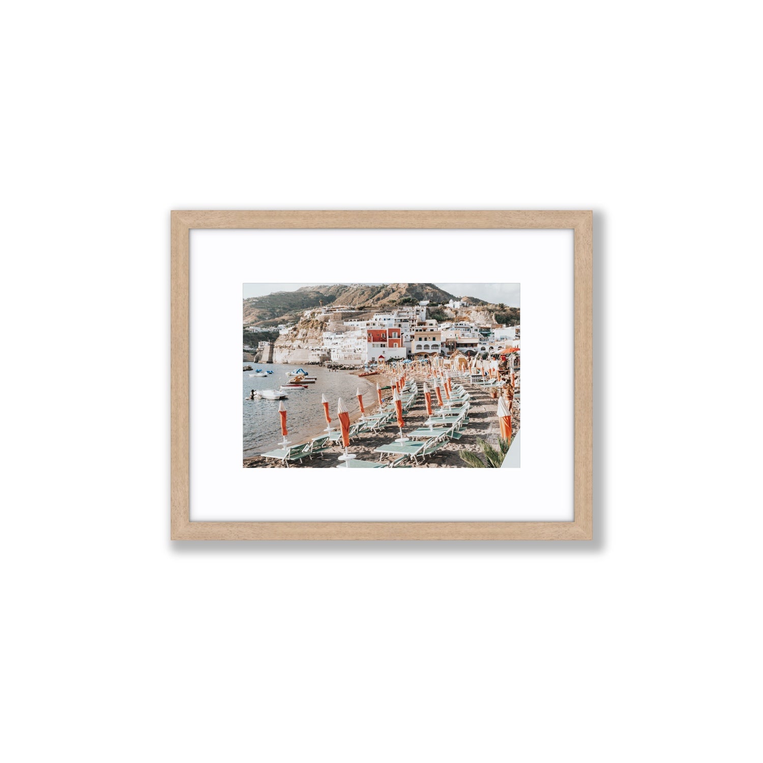 Sole Estivo Ischia Italian coastal wall art Small fine art print in natural oak frame with matboard