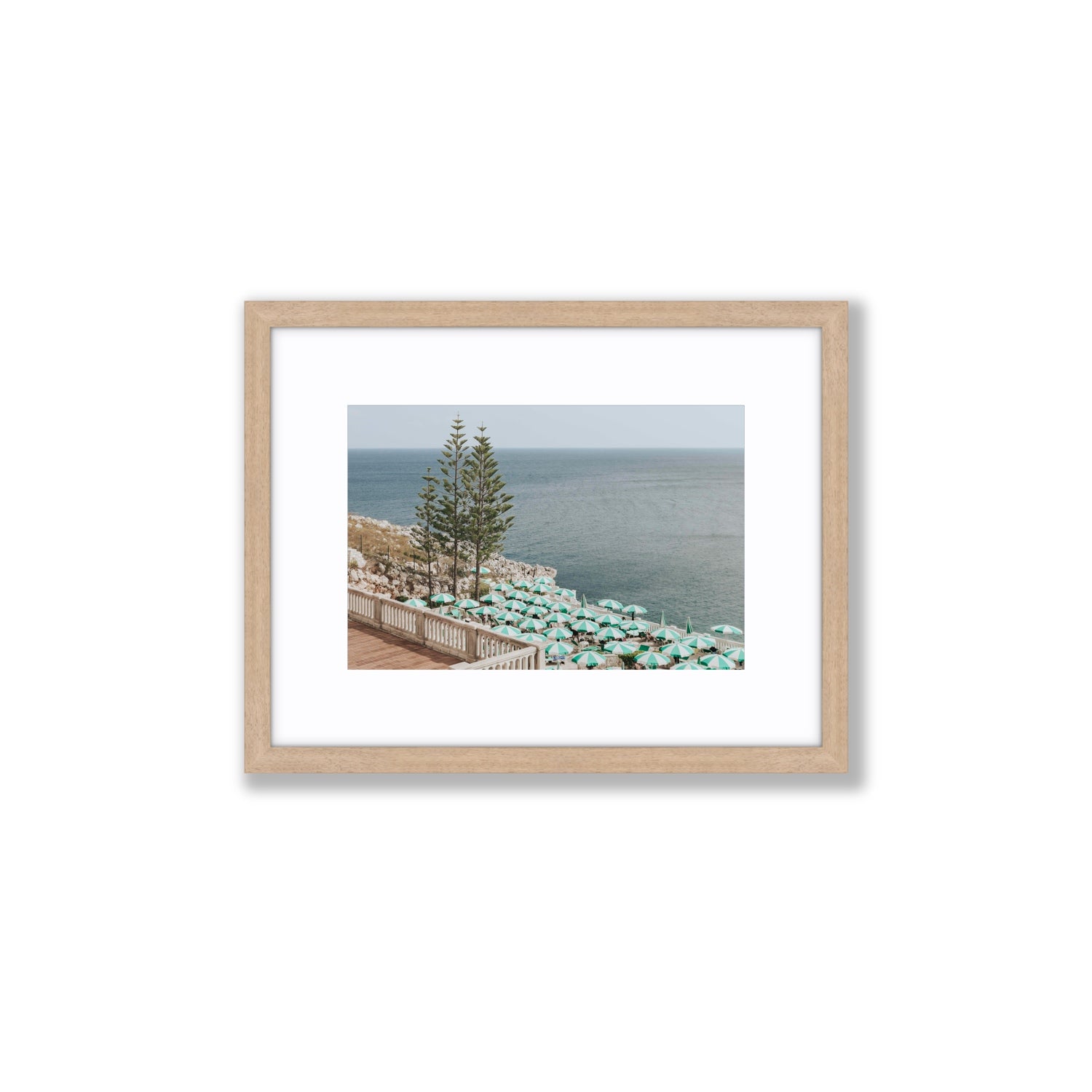 Azure Horizon Puglia beach coastal wall art Small fine art print in natural oak frame with matboard