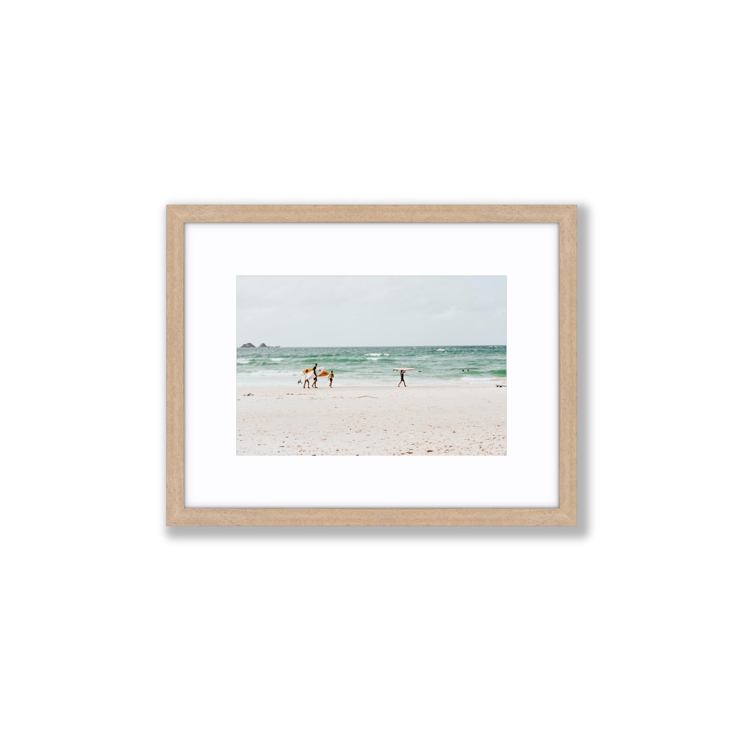 La Famiglia Byron Bay Family Surf coastal wall art Small fine art print in natural oak frame with matboard