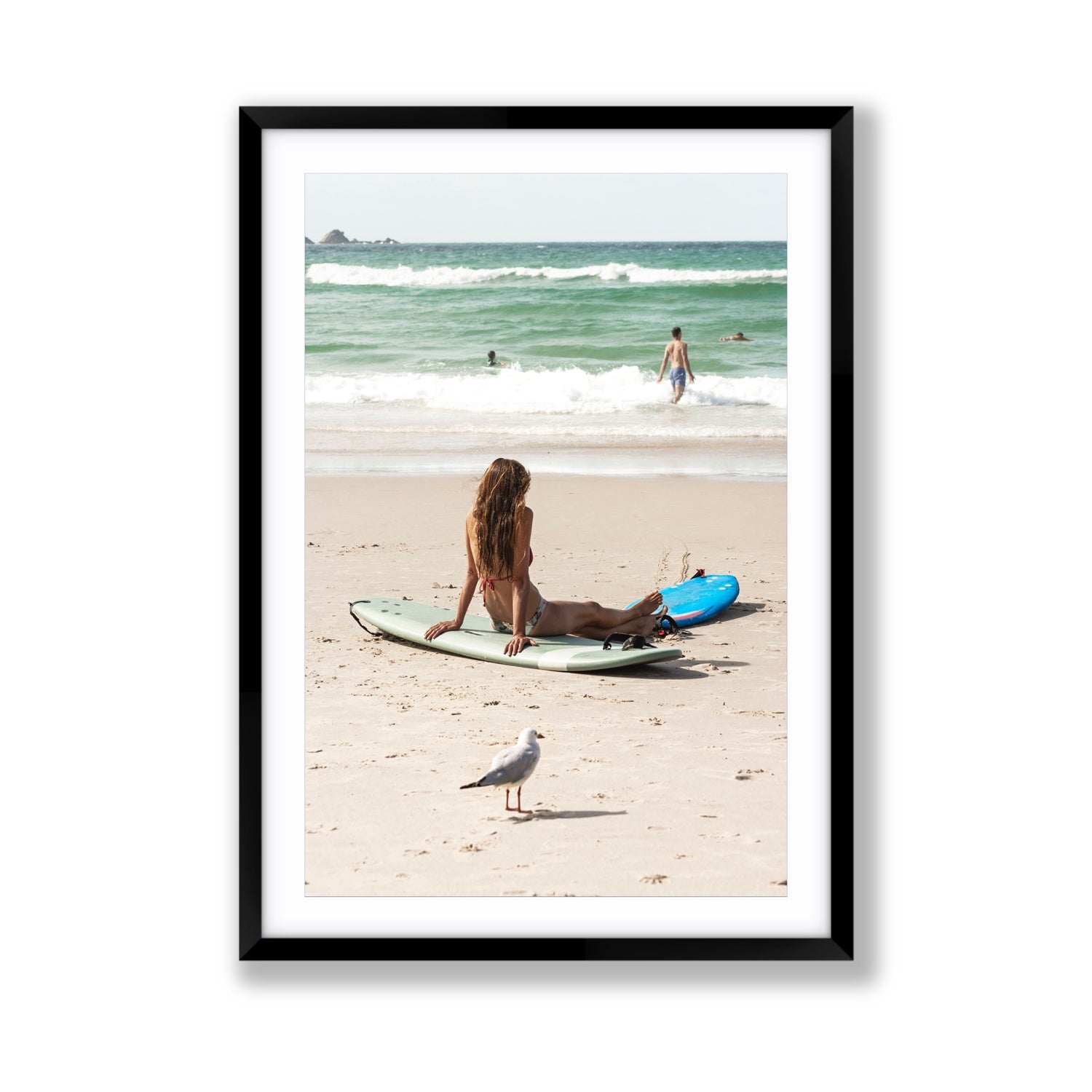 Carissa Byron Bay Surf coastal wall art Giant fine art print in black frame with matboard