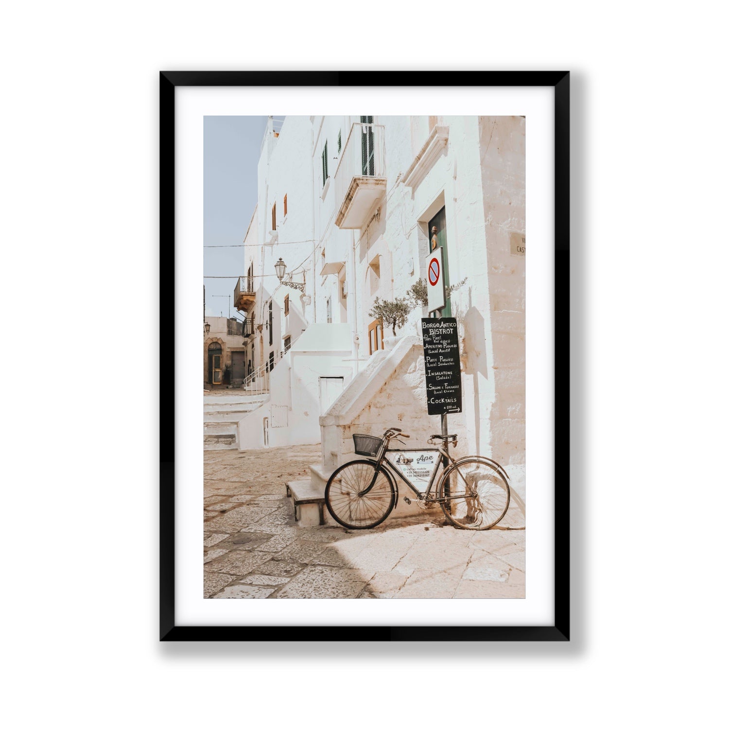 La Bicicletta Puglia Ostuni wall art Giant fine art print in black frame with matboard