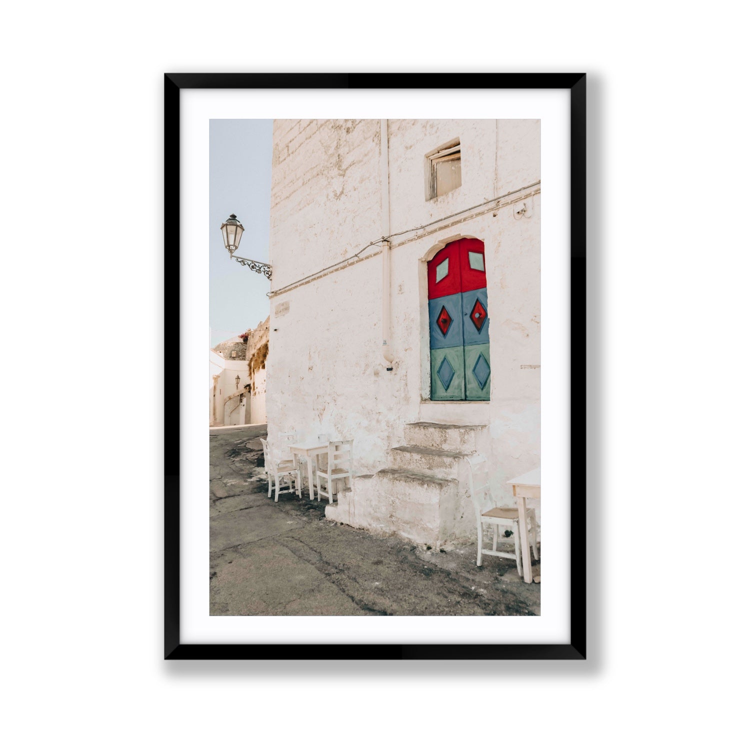 Doorway Delight Puglia Ostuni wall art Giant fine art print in black frame with matboard