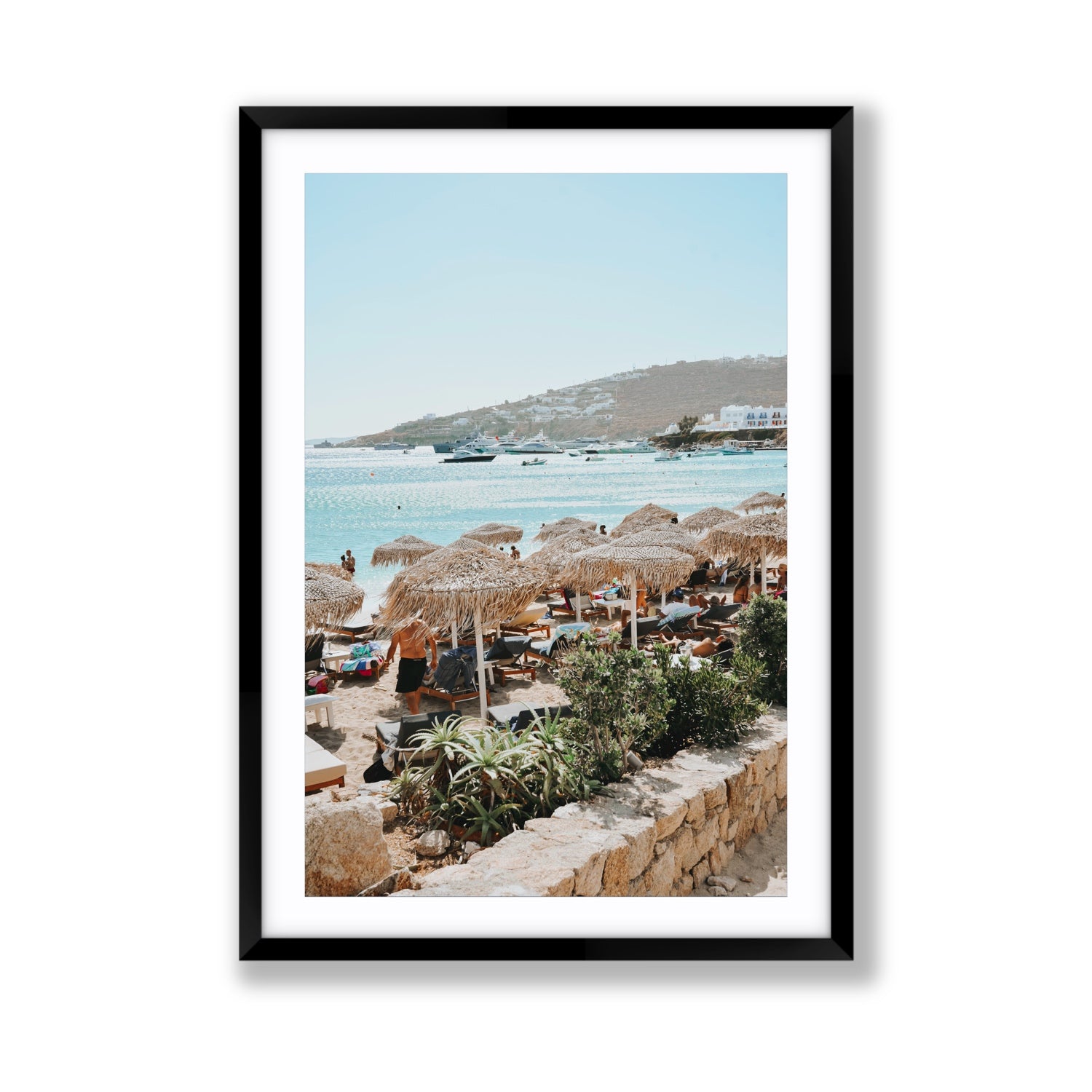 Beachside Huts Mykonos Greek island wall art Giant fine art print in black frame with matboard