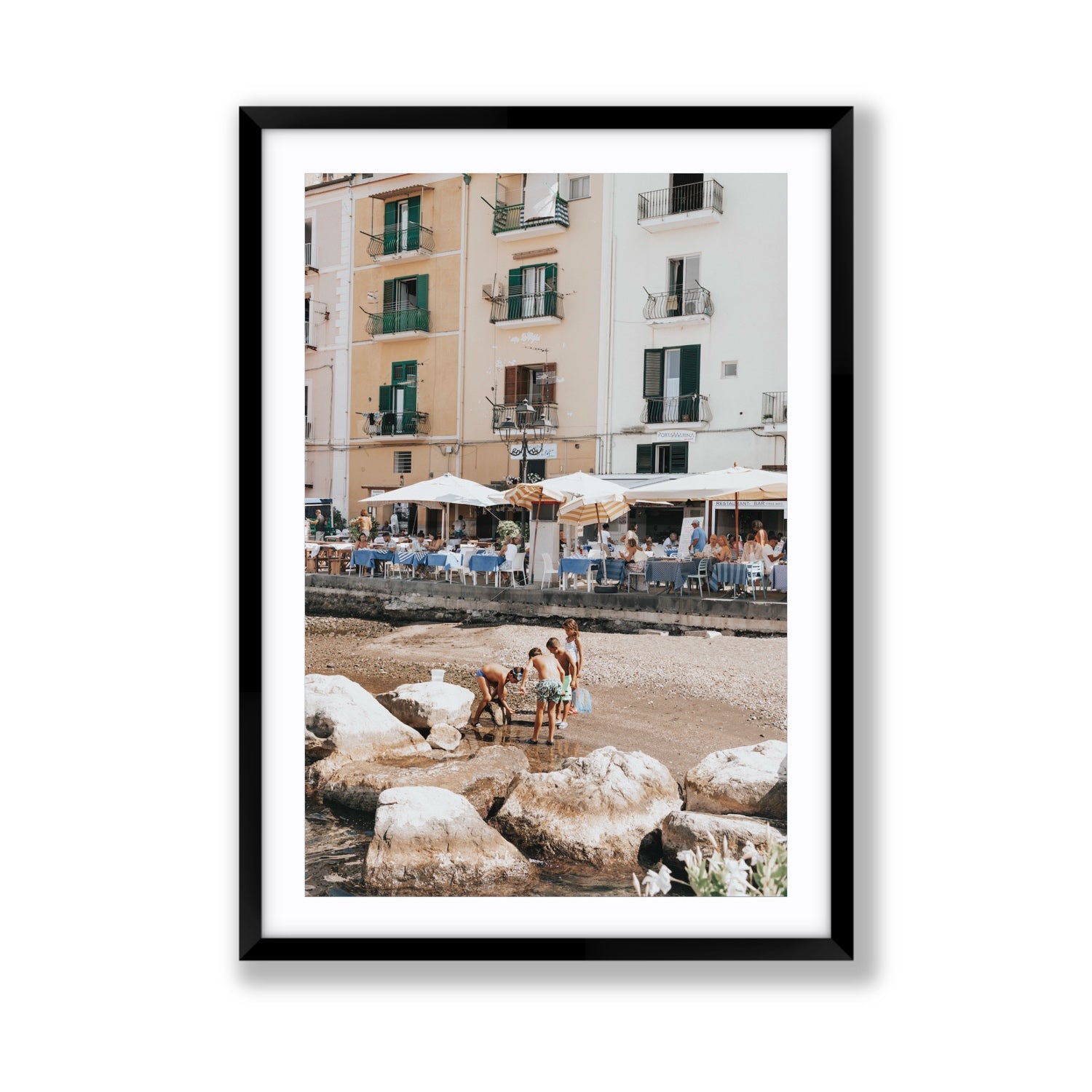 Sunny Playtime Sorrento coastal wall art Giant fine art print in black frame with matboard