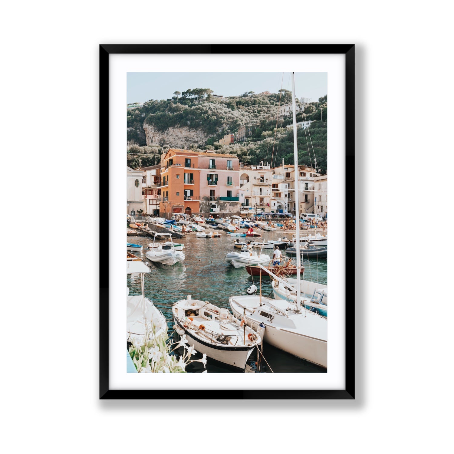 Marina Grande Sorrento coastal Italian wall art Giant fine art print in black frame with matboard