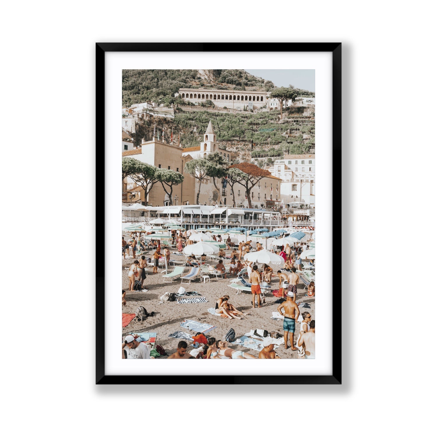 Festa In Spiaggia Amalfi coastal wall art Giant fine art print in black frame with matboard