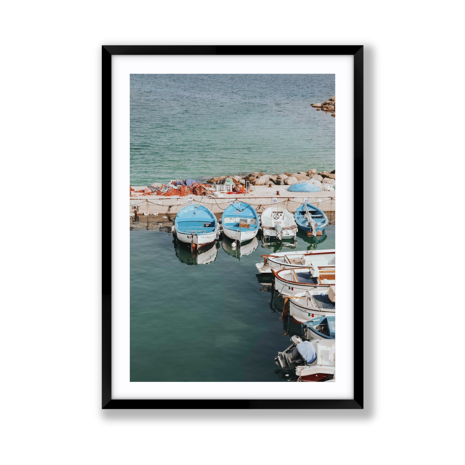 Maritime Memories Puglia Harbour Reflections coastal wall art Giant fine art print in black frame with matboard