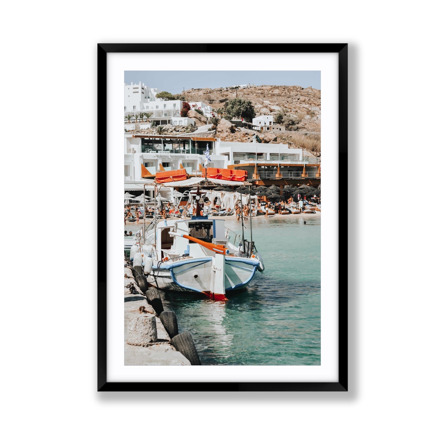Travel In Style Mykonos Greek island wall art Giant fine art print in black frame with matboard