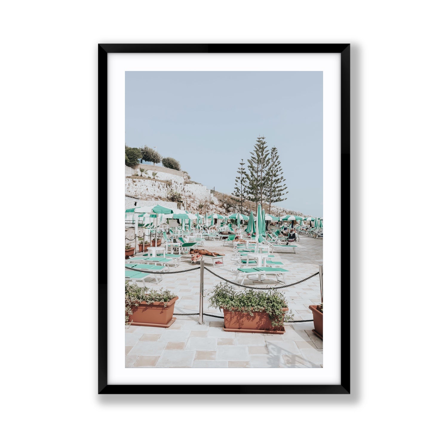 Siesta on The Terrace Puglia coastal wall art Giant fine art print in black frame with matboard