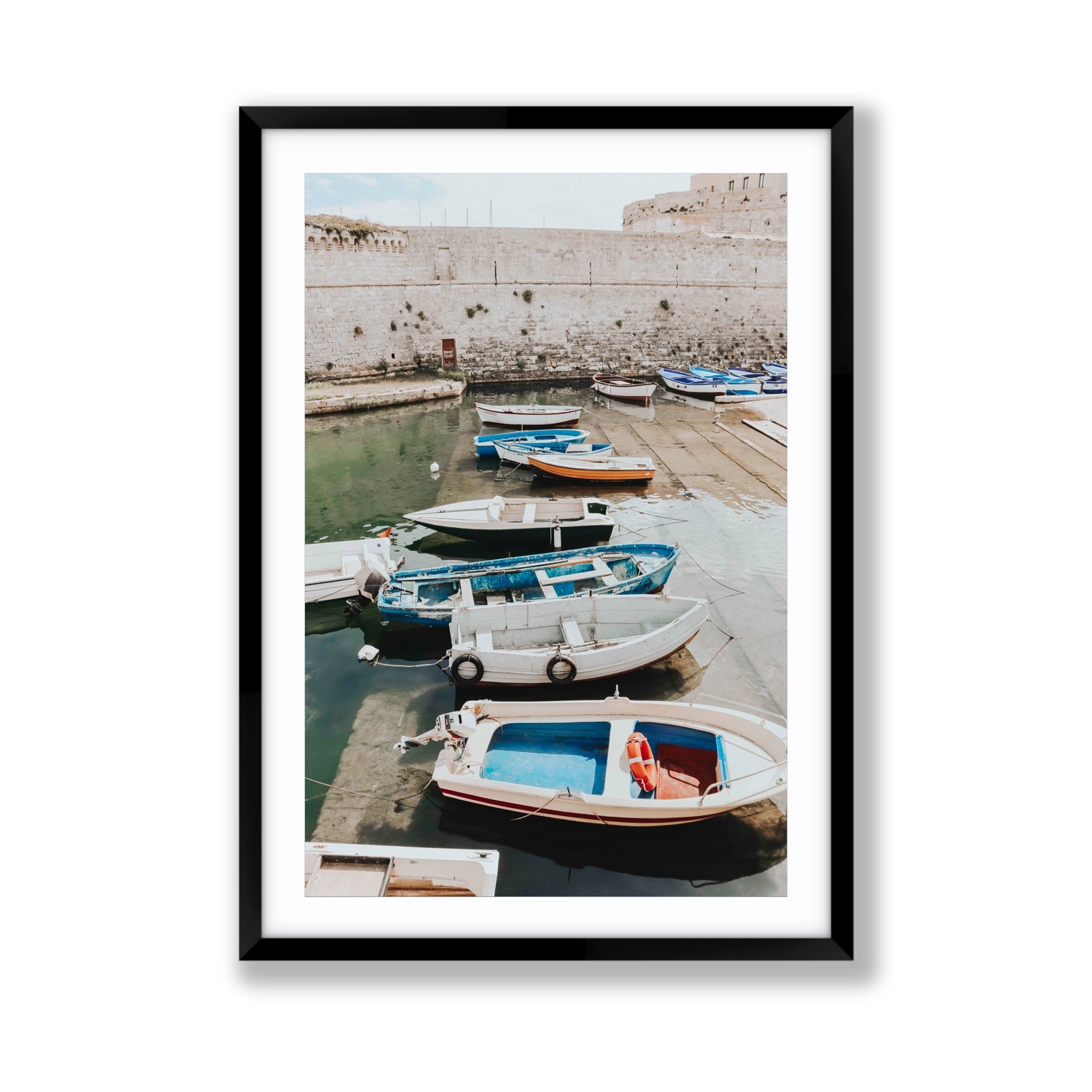Harbour Palette Puglia coastal photography wall art Giant fine art print in black frame with matboard