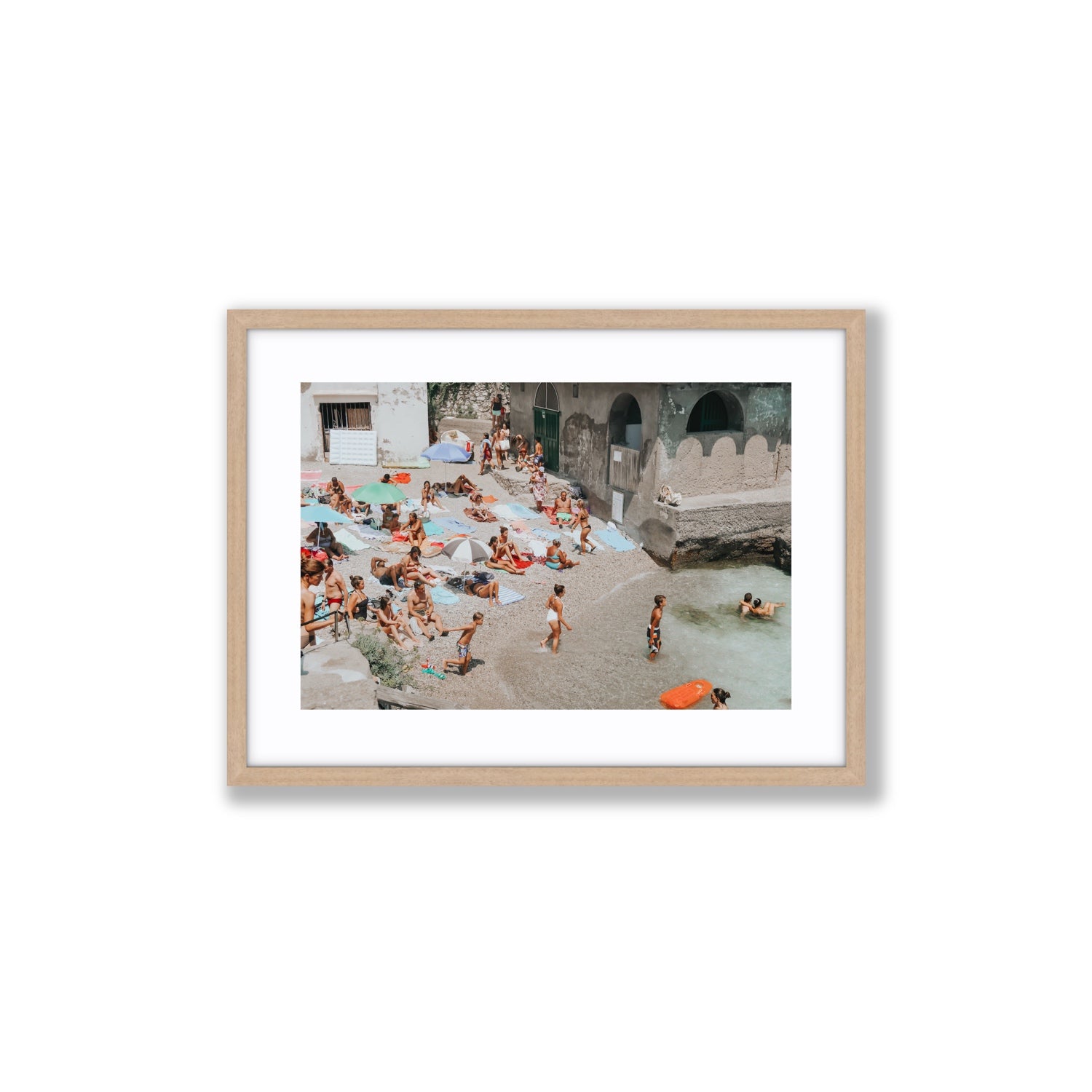 Heatwave Capri beach coastal wall art Medium fine art print in natural oak frame with matboard
