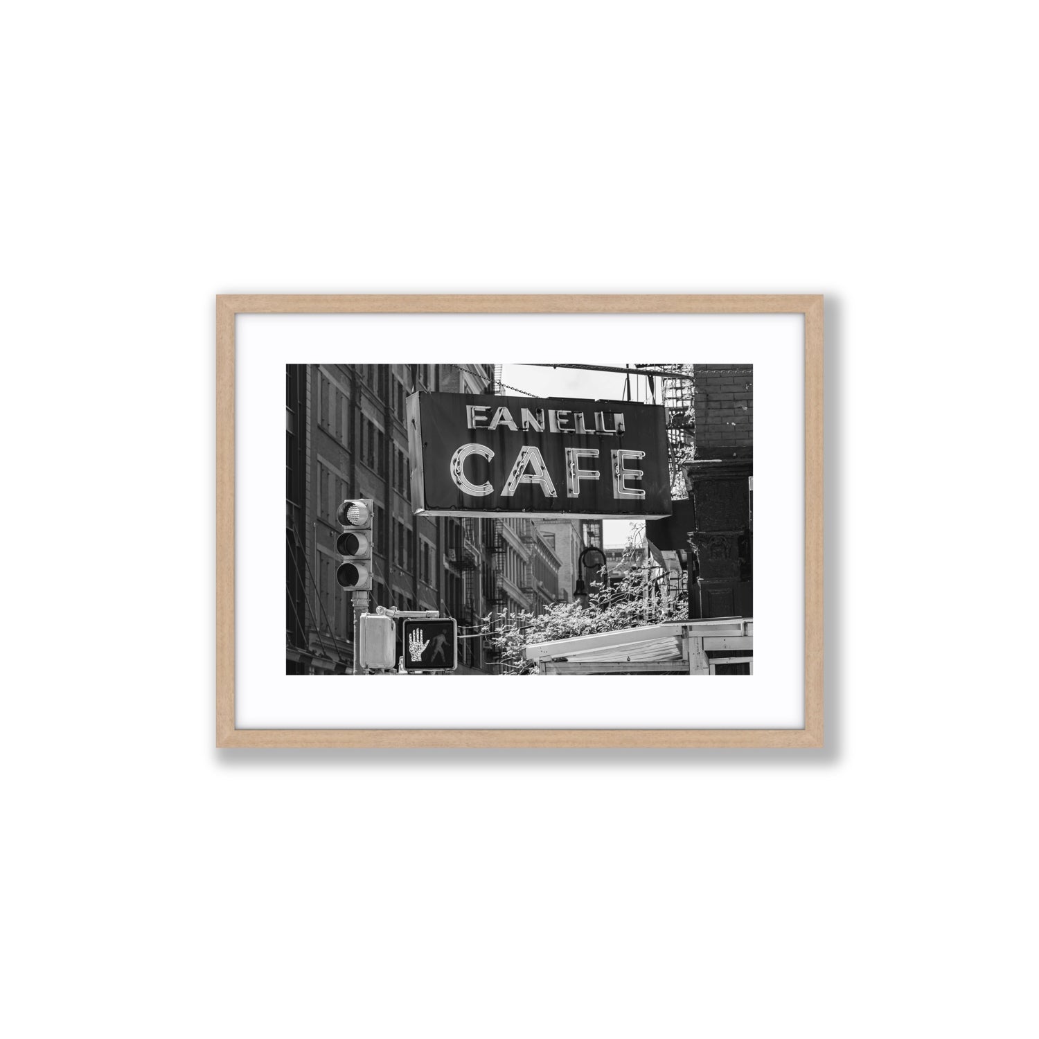 Soho Neon New York NYC Black & White wall art Medium fine art print in natural oak frame with matboard