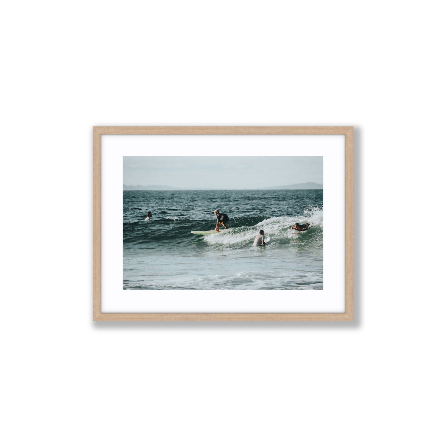 The Boys of Summer Byron Bay Surf coastal wall art Medium fine art print in natural oak frame with matboard