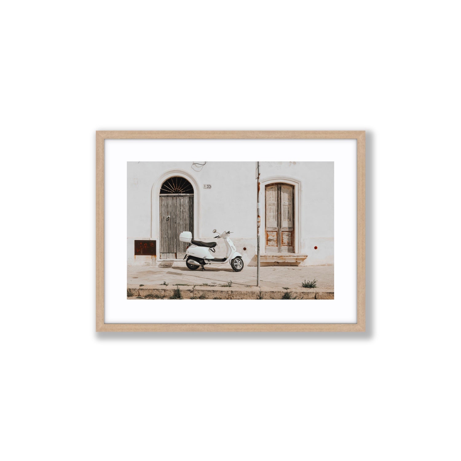 Vespa Nostalgia Puglia Italian wall art Medium fine art print in natural oak frame with matboard
