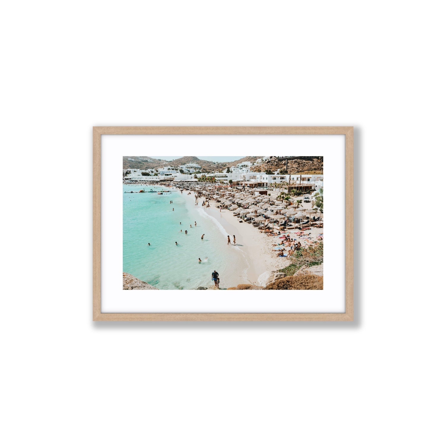 Aquaholic Mykonos Greek island wall art Medium fine art print in natural oak frame with matboard