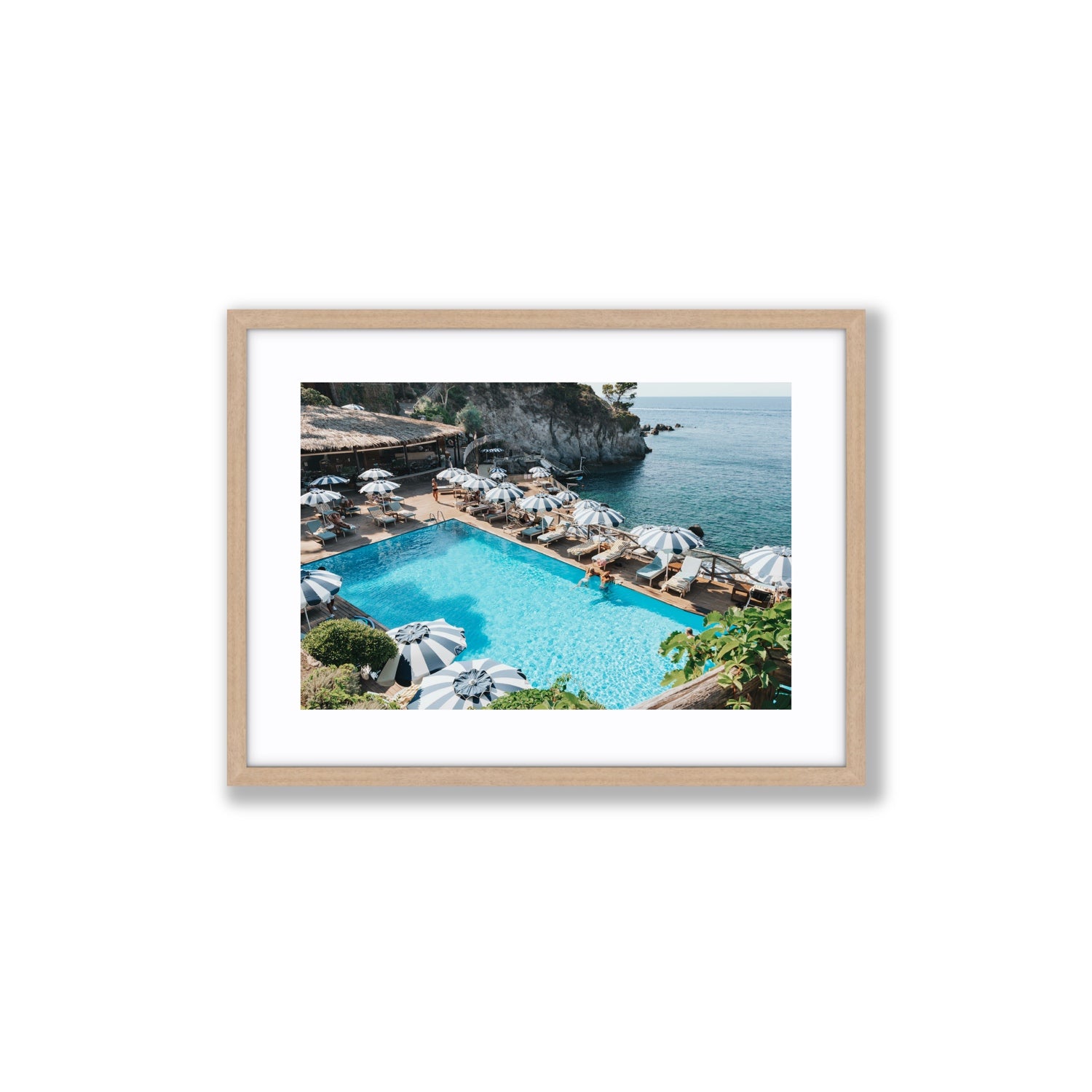 Oceanview Ischia Italian coastal wall art Medium fine art print in natural oak frame with matboard