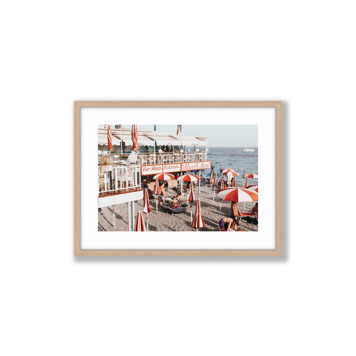 Silver Moon Amalfi Mediterranean wall art Medium fine art print in natural oak frame with matboard