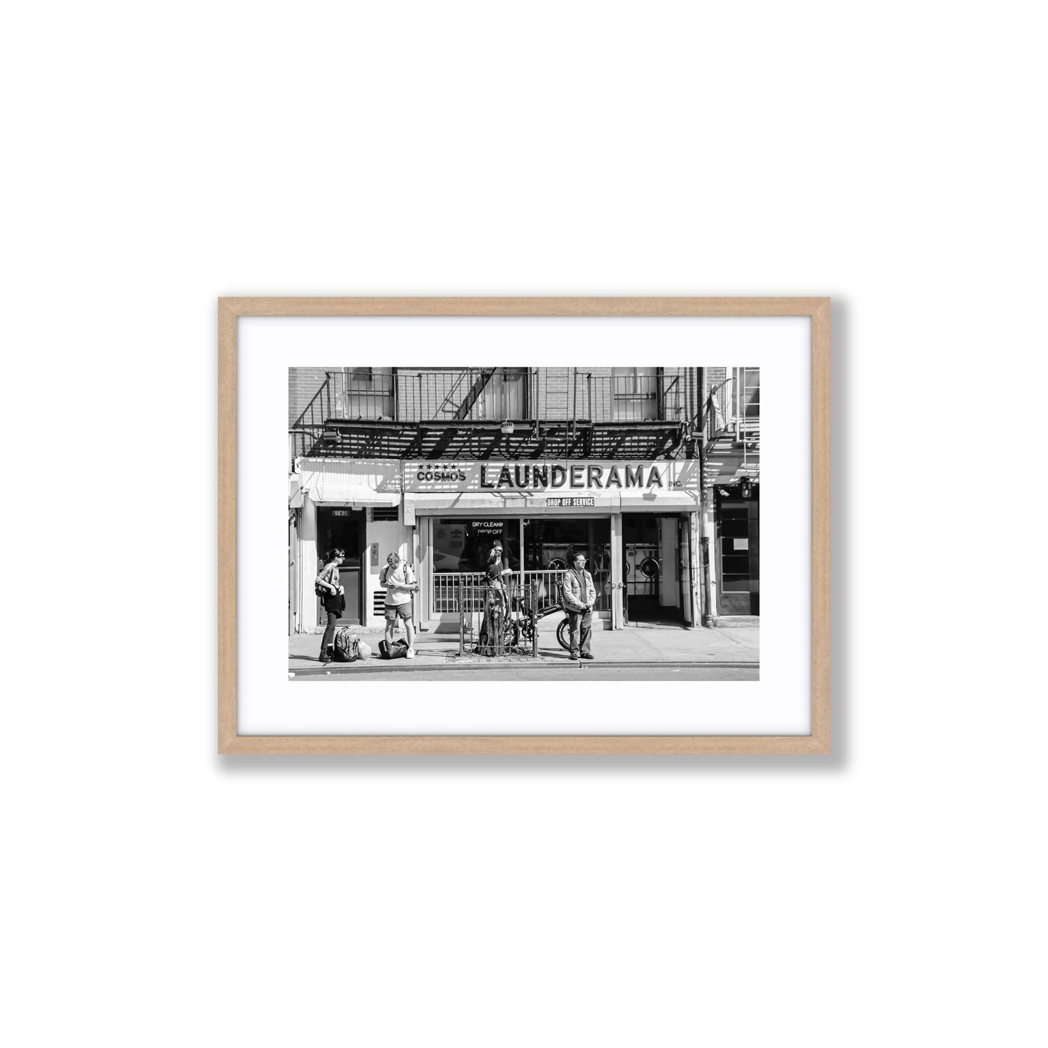 Launderama New York NYC Black & White wall art Medium fine art print in natural oak frame with matboard