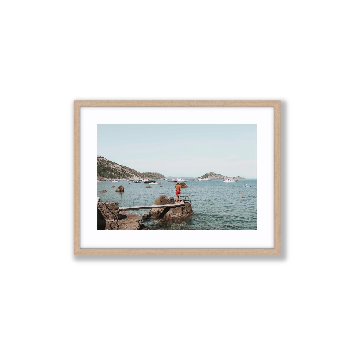 Out Of Office Tuscany coastal Italian wall art Medium fine art print in natural oak frame with matboard