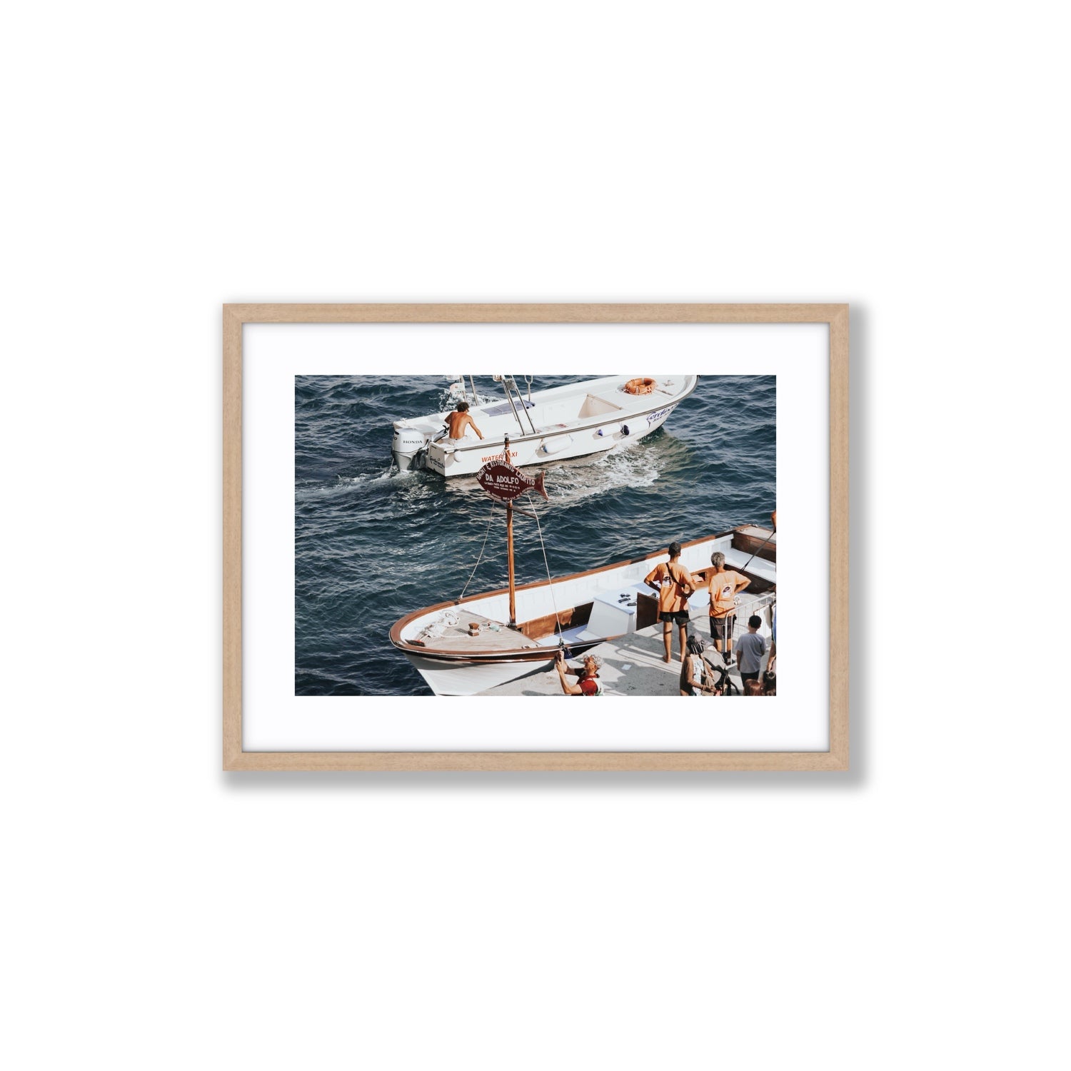 Water Taxi Positano wall art Medium fine art print in natural oak frame with matboard