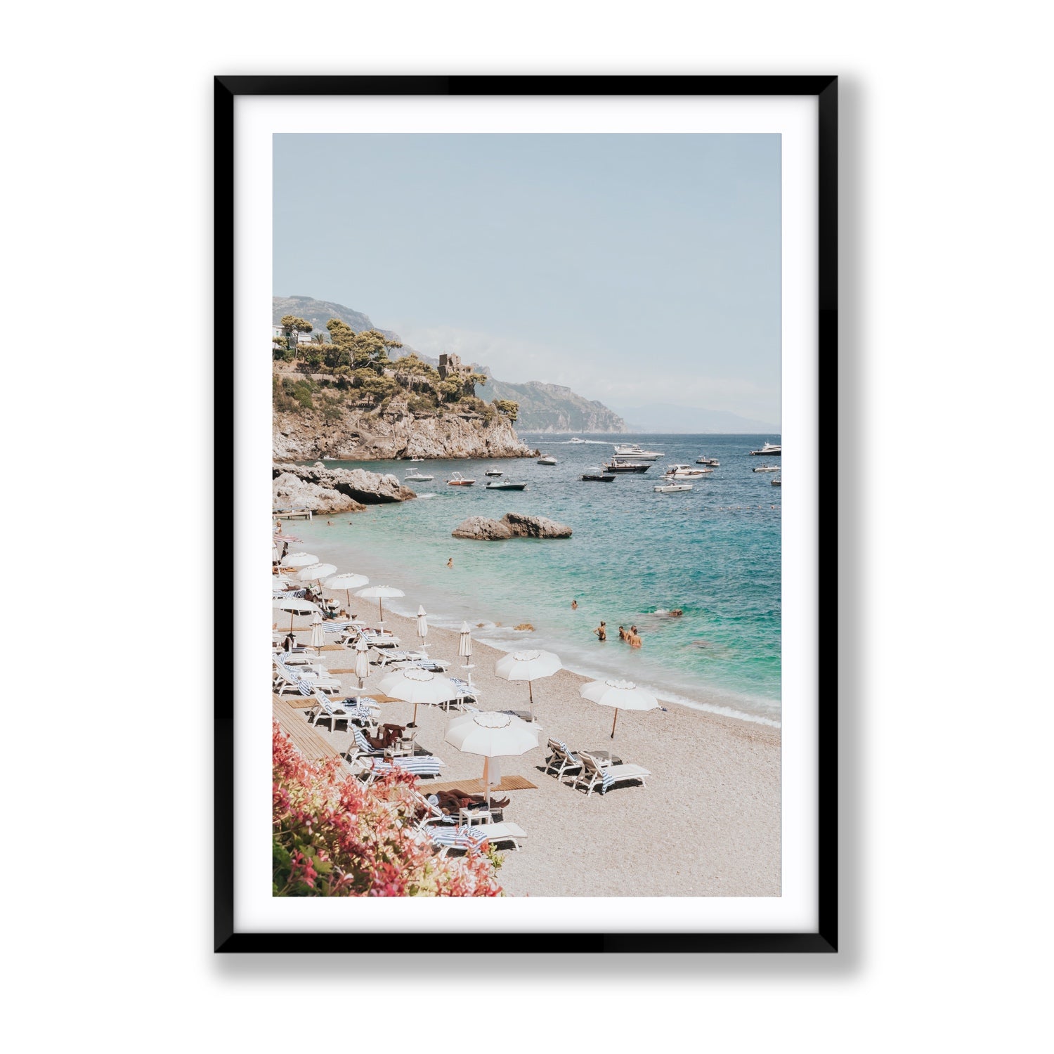 Seaview Refuge Amalfi coastal wall art gallery fine art print in black frame with matboard