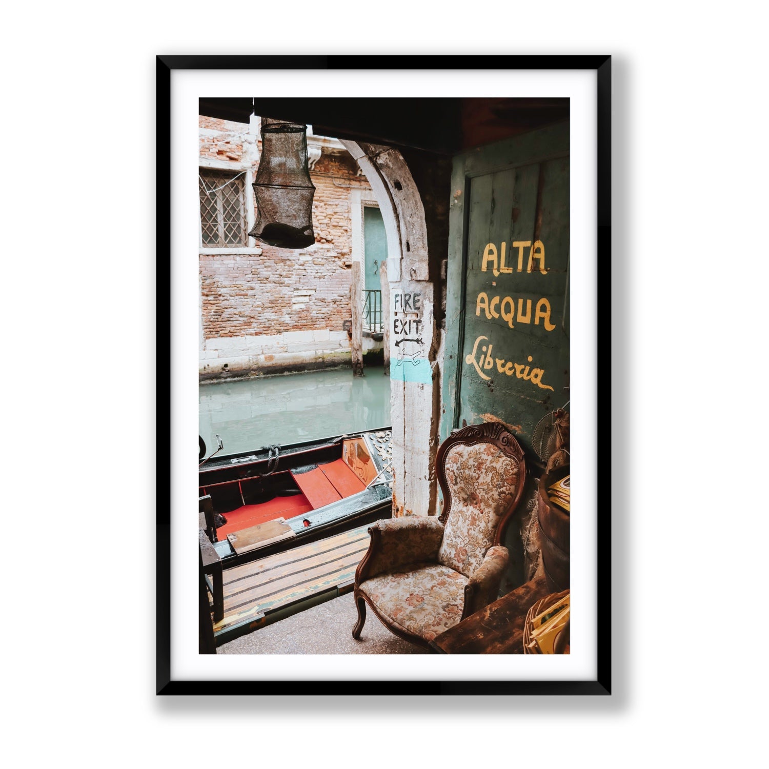 Alta Acqua Venice Bookstore wall art Gallery fine art print in black frame with matboard