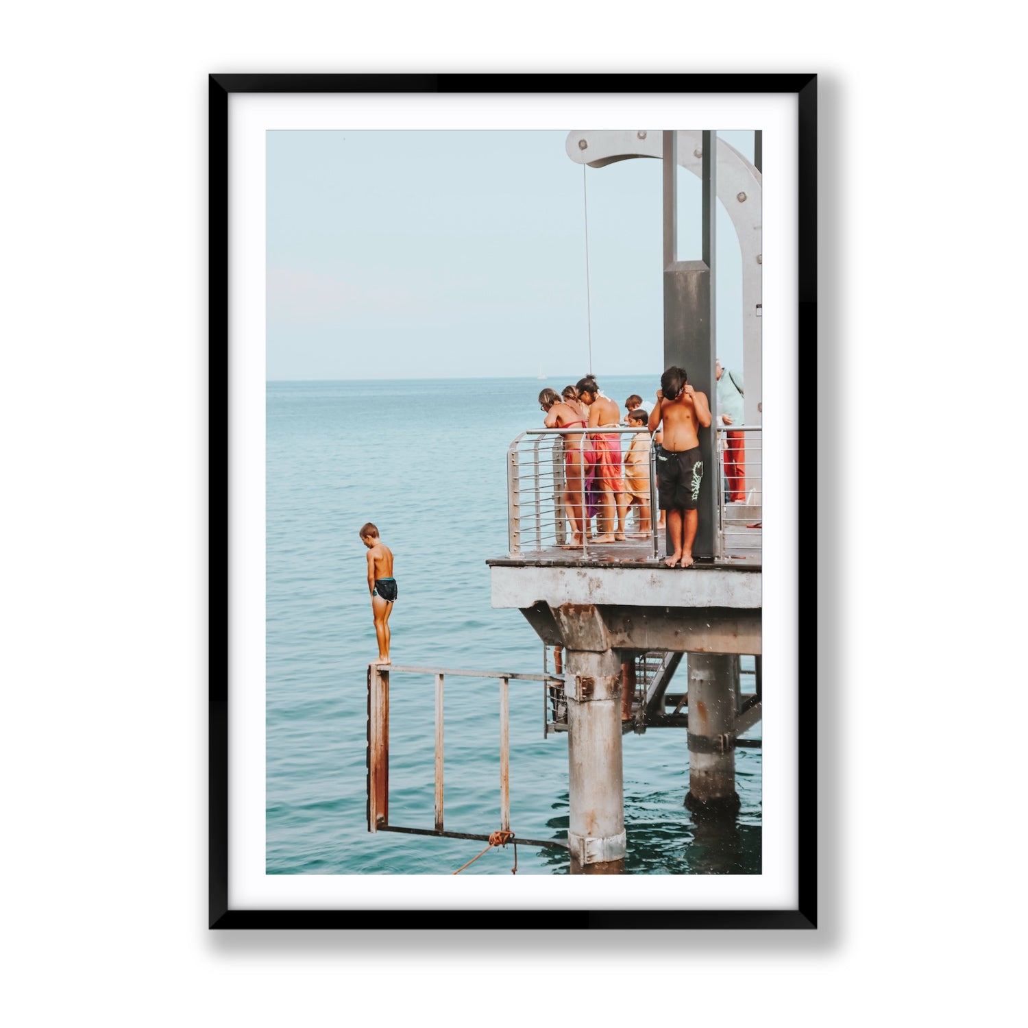 Golden Boy Alassio coastal decor wall art Gallery fine art print in black frame with matboard