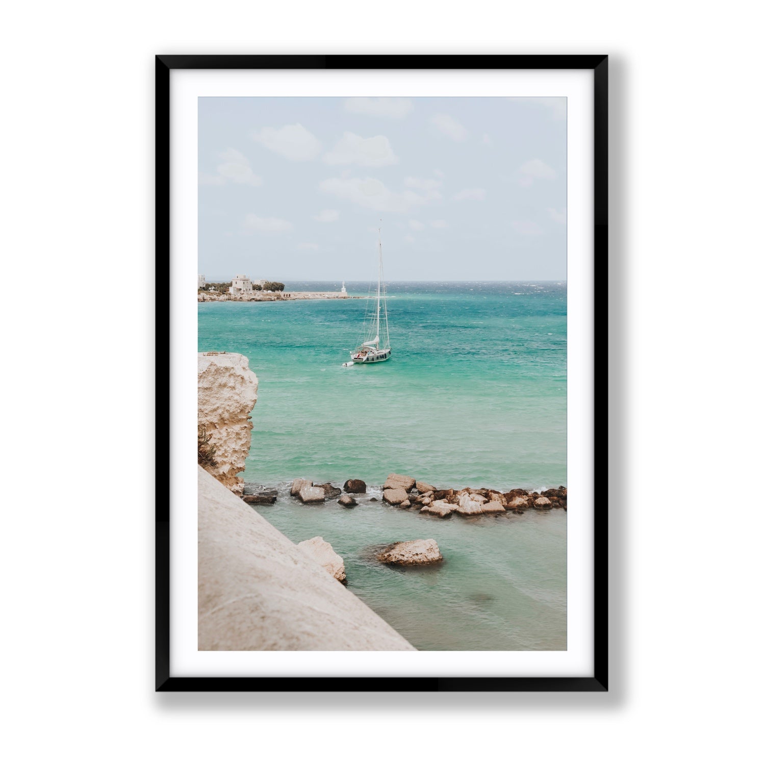 Seafarer's Dream Puglia Seafarer’s Dream coastal wall art Gallery fine art print in black frame with matboard