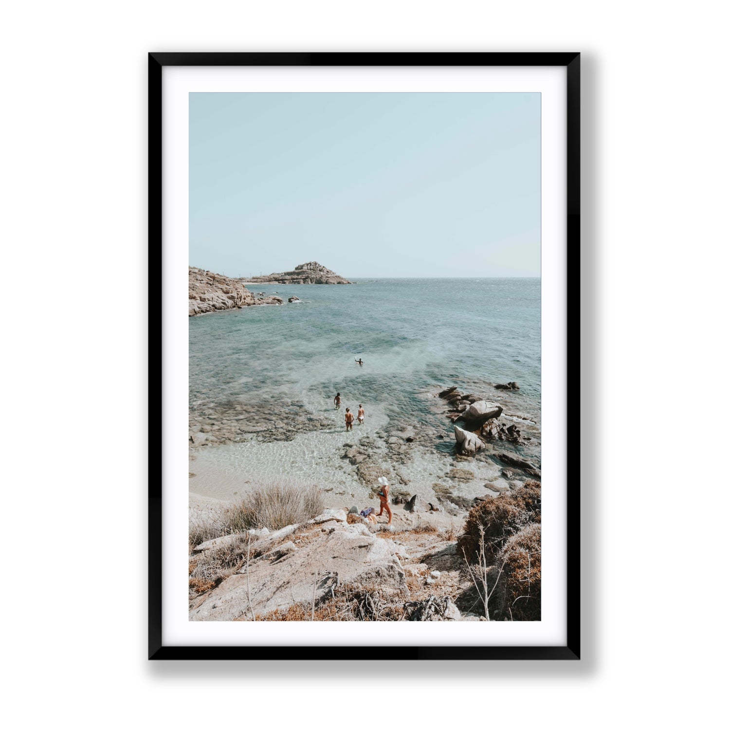 Explorers Mykonos Greek island wall art Gallery fine art print in black frame with matboard