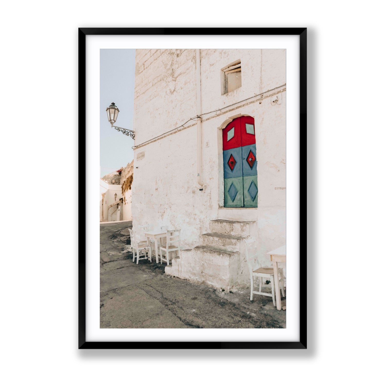 Doorway Delight Puglia Ostuni wall art Gallery fine art print in black frame with matboard