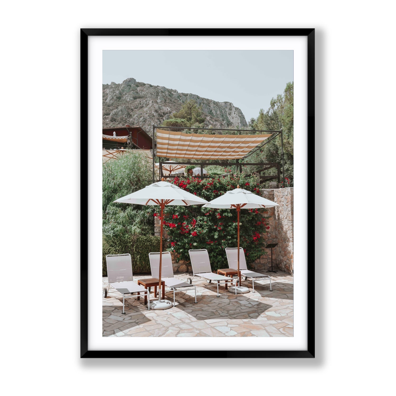 Shades of Leisure Tuscany coastal Italian wall art Gallery fine art print in black frame with matboard