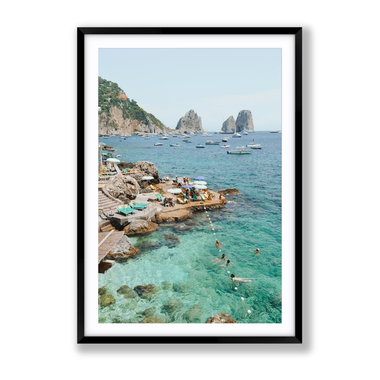 Summertime Blues Capri Mediterranean wall art Gallery fine art print in black frame with matboard