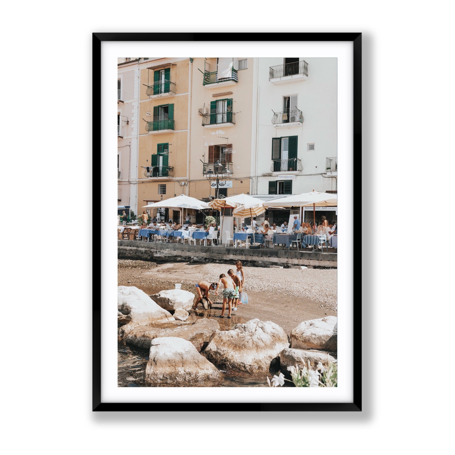 Sunny Playtime Sorrento coastal wall art Gallery fine art print in black frame with matboard