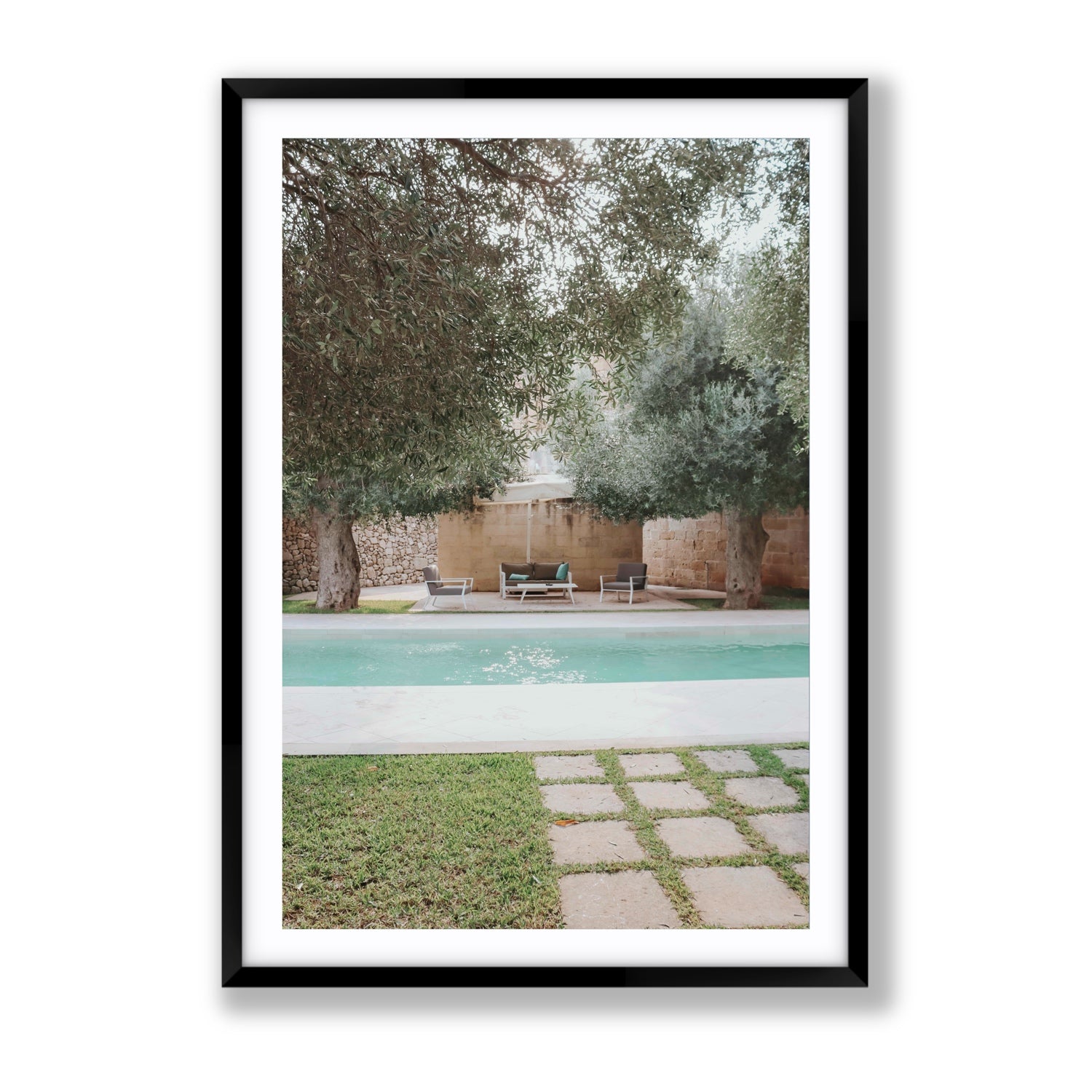 Idyllic Escape Puglia Mediterranean wall art Gallery fine art print in black frame with matboard