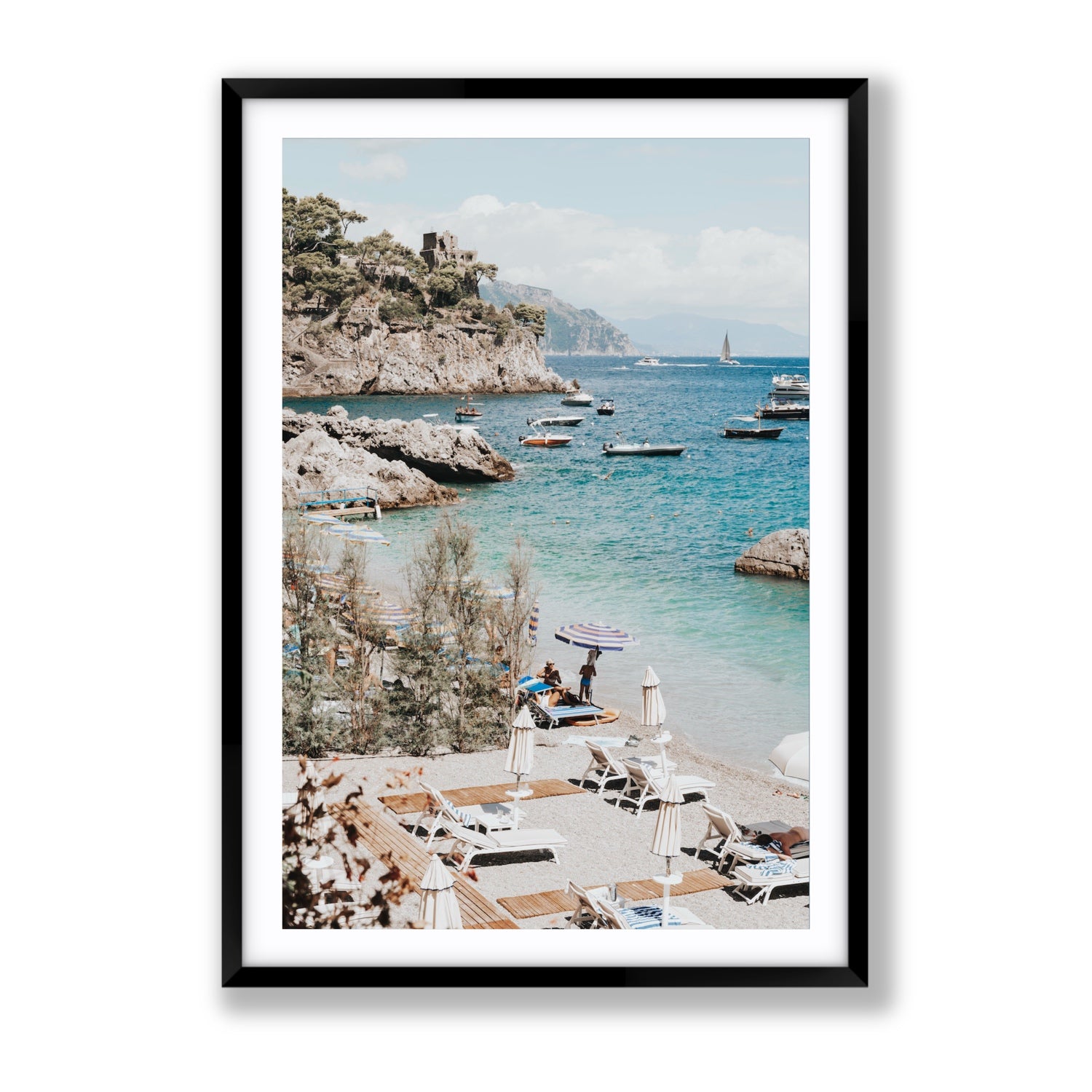 Sizzling Summer Days Amalfi coastal wall art Gallery fine art print in black frame with matboard
