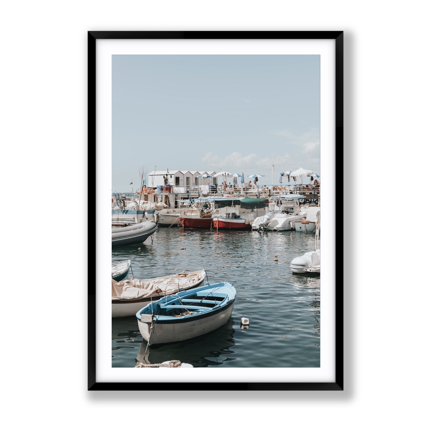 Harbour Hues Sorrento coastal Carousel wall art Gallery fine art print in black frame with matboard
