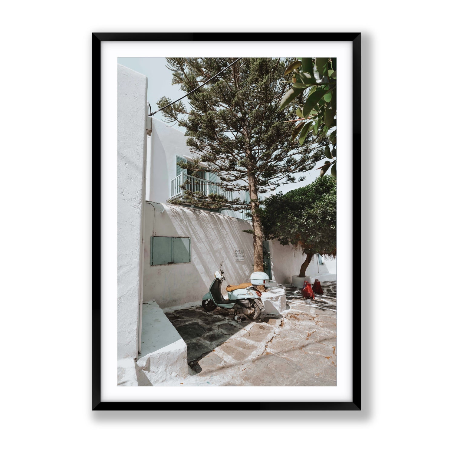 The Getaway Mykonos Mediterranean Greek island art print Gallery fine art print in black frame with matboard