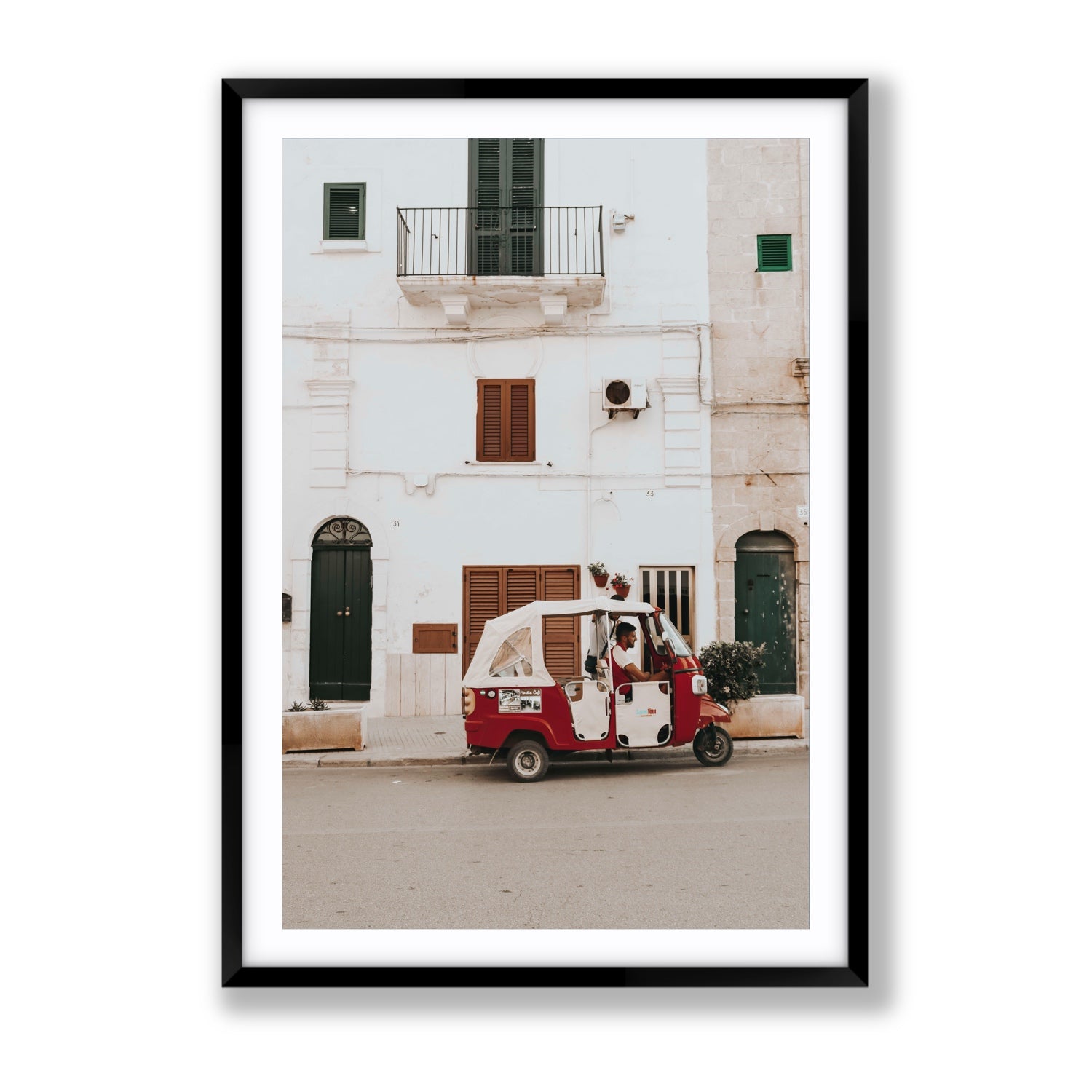 Groovy Piaggio Puglia Italian wall art Gallery fine art print in black frame with matboard