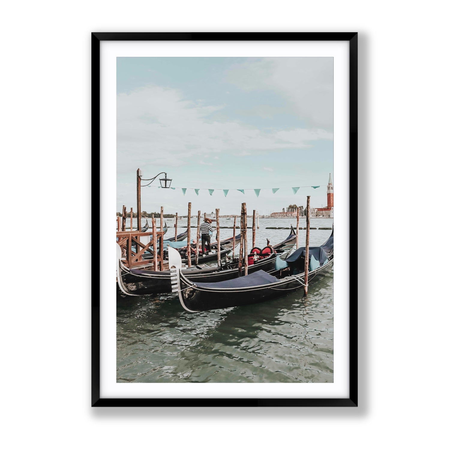 The Gondolier Venice Gondola Italian wall art Gallery fine art print in black frame with matboard