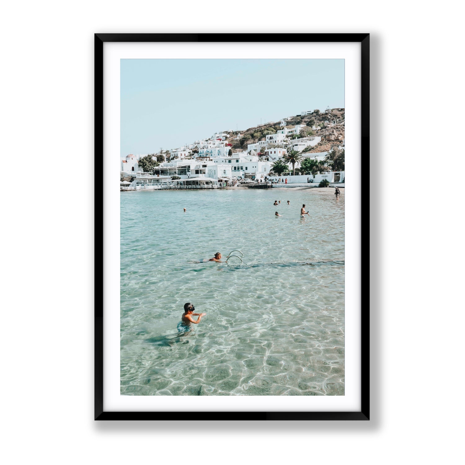 Beside The Seaside Mykonos beach Greek island wall art Gallery fine art print in black frame with matboard