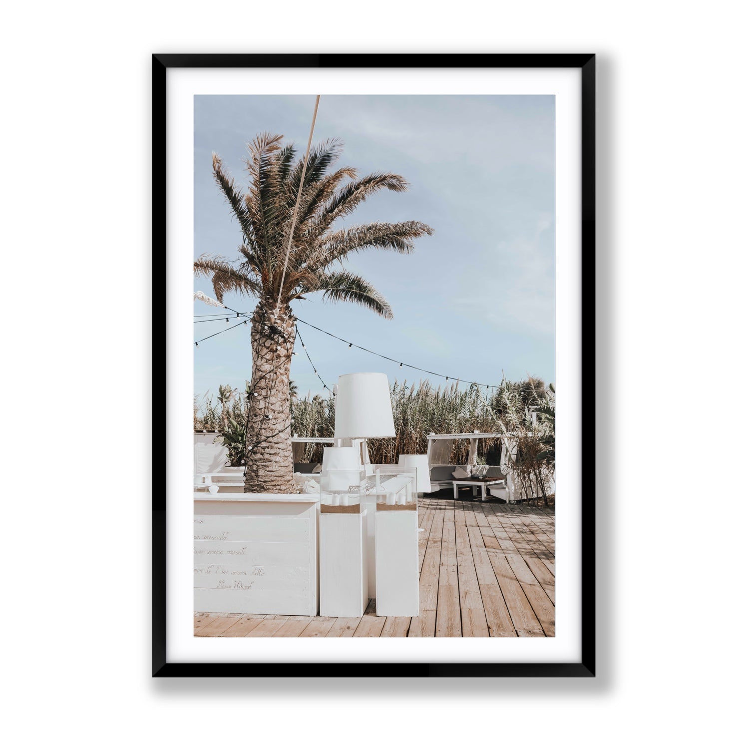 Seabreeze Palm Puglia coastal beach wall art Gallery fine art print in black frame with matboard
