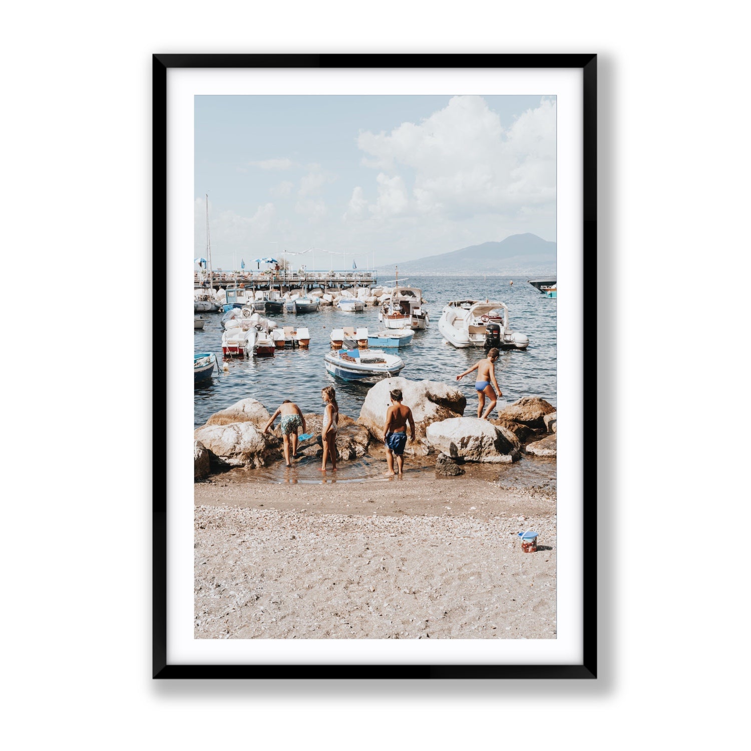 Searching For Treasures Sorrento coastal wall art Gallery fine art print in black frame with matboard