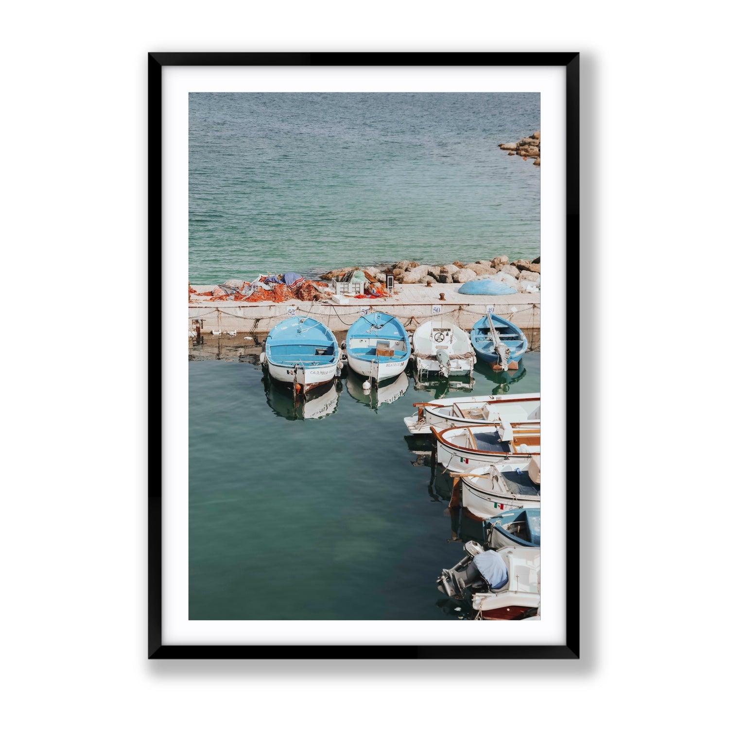 Maritime Memories Puglia Harbour Reflections coastal wall art Gallery fine art print in black frame with matboard