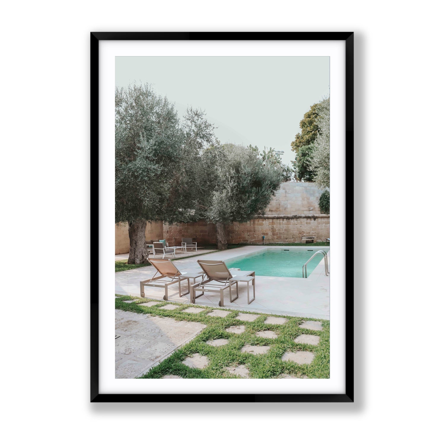 Olive Oasis Puglia Mediterranean wall art Gallery fine art print in black frame with matboard